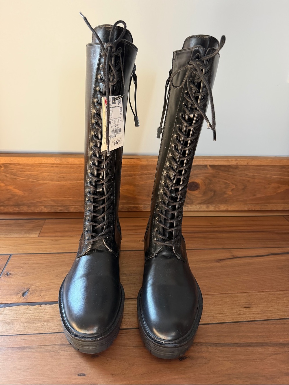 Zara Black Lace-Up Knee-High Women's Boots